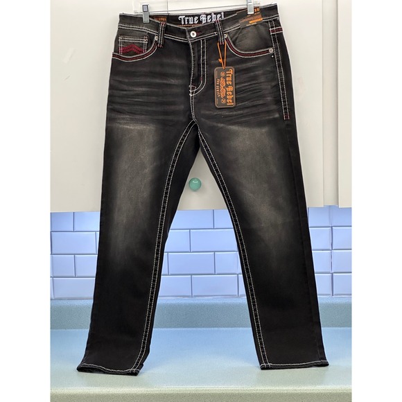 True Rebel Other - True Rebel 900 Series Lando Black Slim Fit Jeans Red White Stitch 36x30 808 NEW